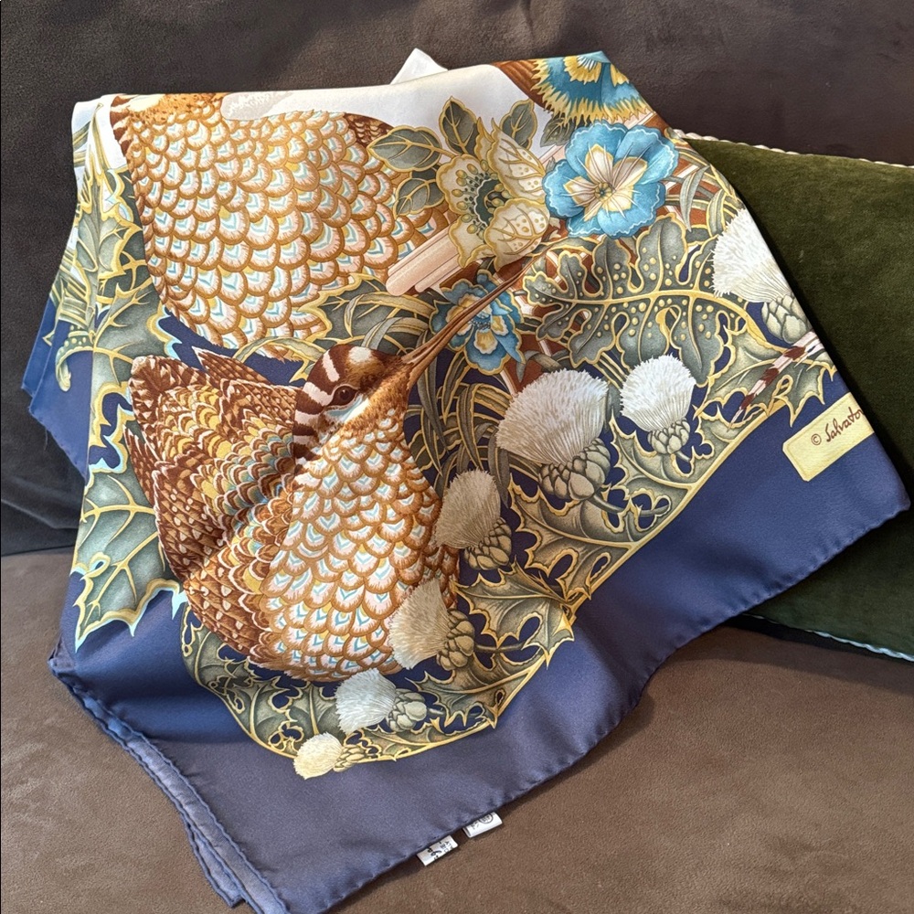 Salvatore Ferragamo Gold and Blue Botanical and Bird  Silk Scarf Good Condition
